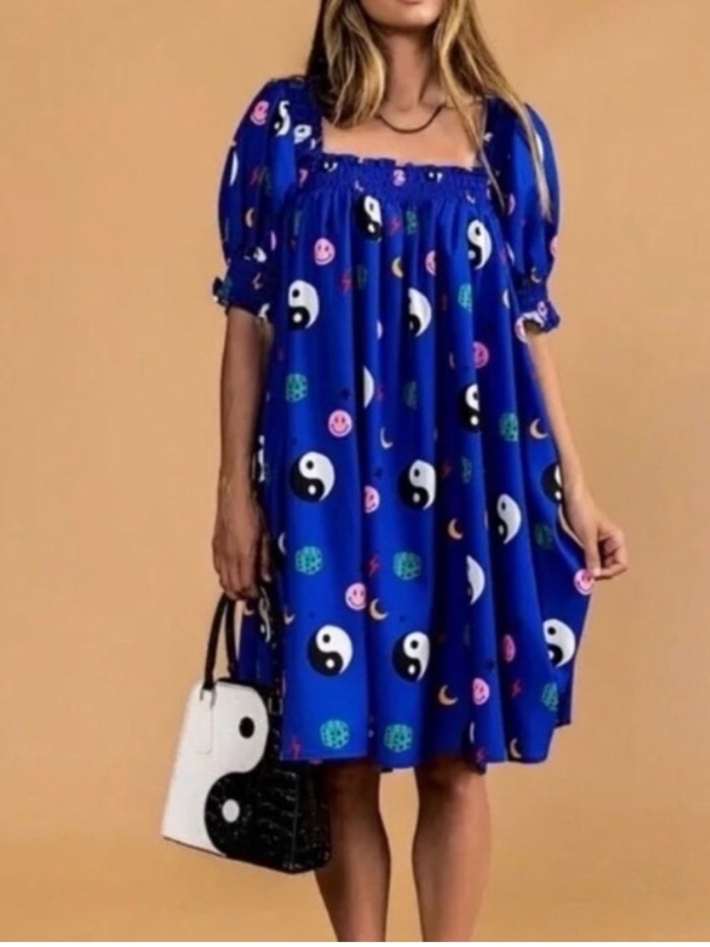 Dressed in LALA Royal Blue Yin Yang Print Mini Dressrelaxed fit square neck L